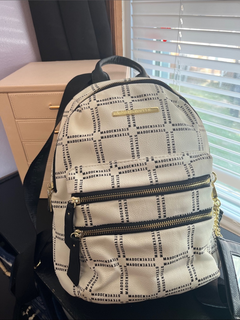 Steve Madden White Logo-Print Mini Backpack with Gold Hardware